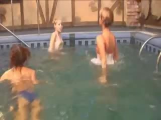 Três sérvia pintos em o piscina